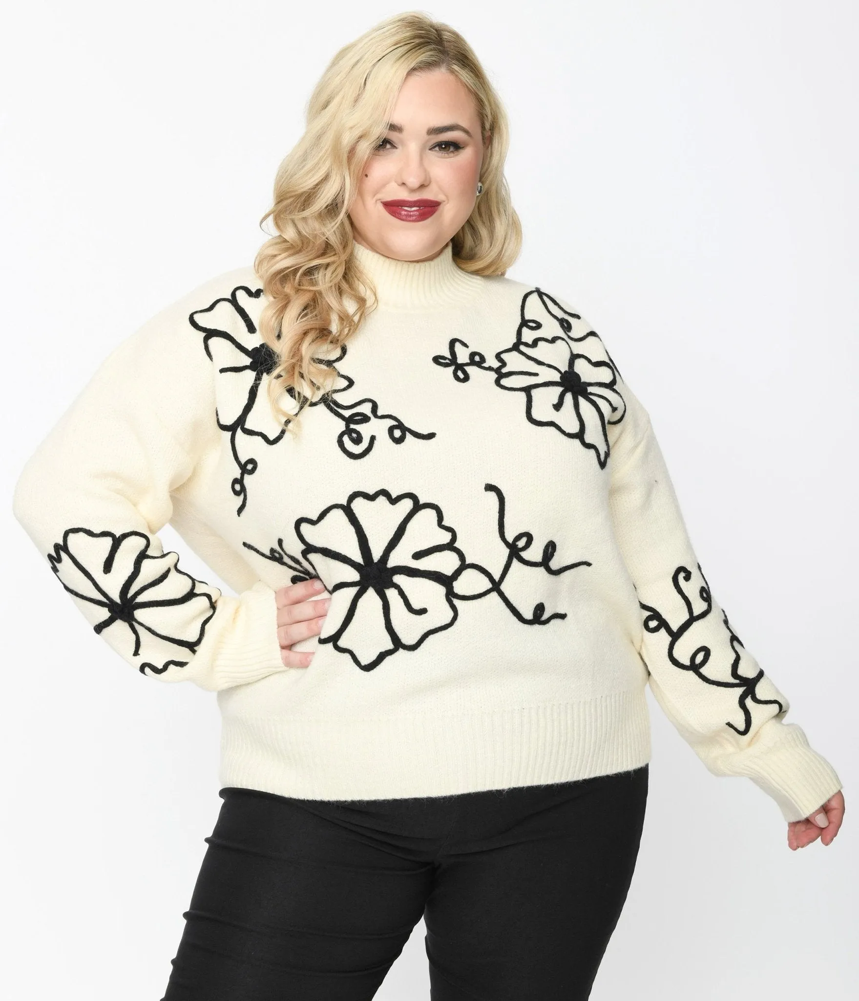 Plus Size Cream & Black Floral Embroidered Mock Neck Sweater sold by Unique Vintage