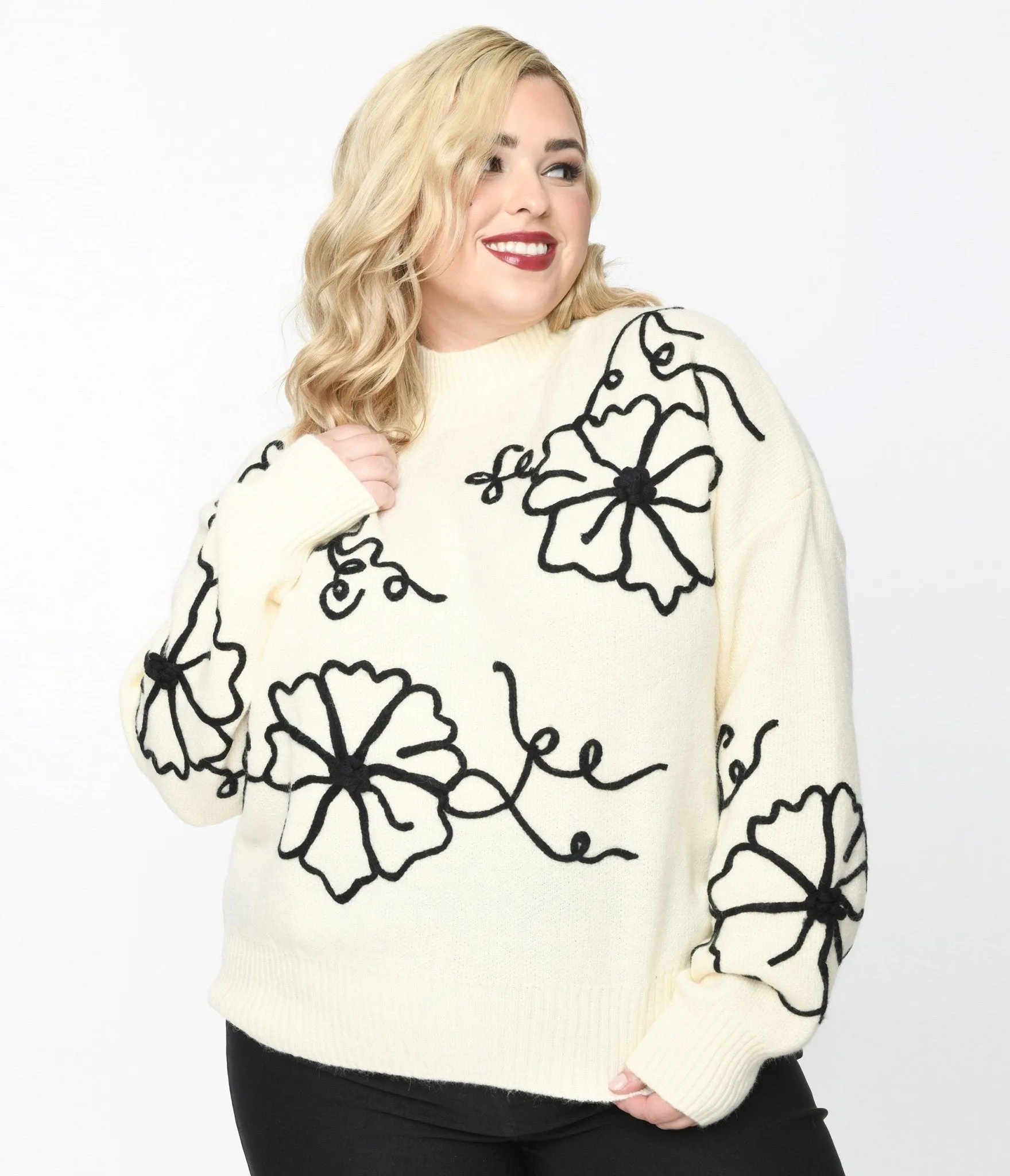 Plus Size Cream & Black Floral Embroidered Mock Neck Sweater sold by Unique Vintage product image thumbnail 2