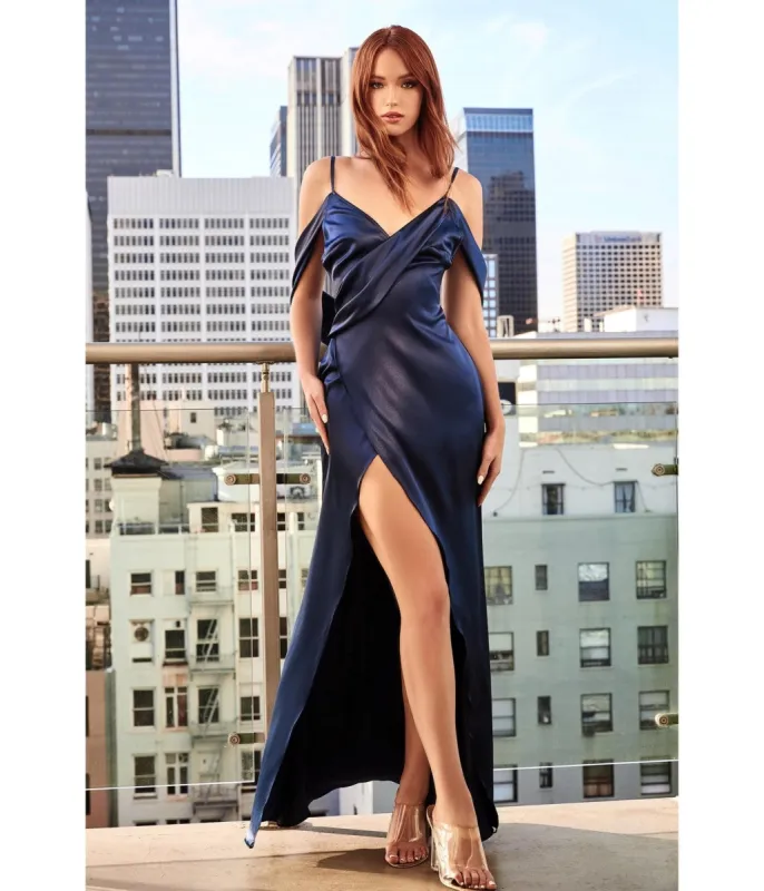 Ladivine by Cinderella Divine Navy Satin Draped Cowl Back Bridesmaid Dress sold by Unique Vintage