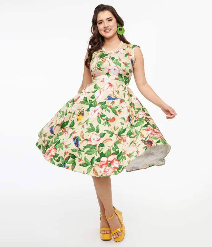 1950s Beige & Swallow Print Cotton Swing Dress sold by Unique Vintage