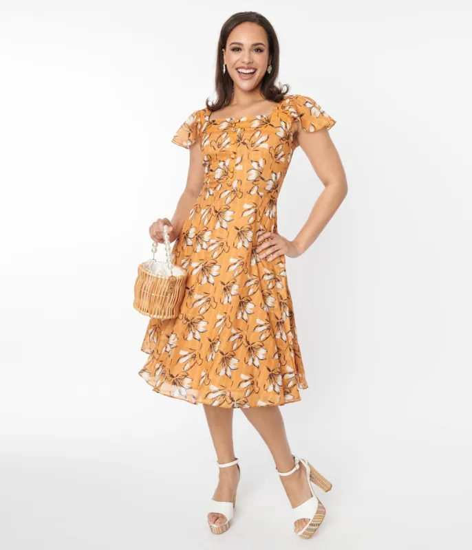 Voodoo Vixen Mustard & White Floral Swing Dress made by Unique Vintage