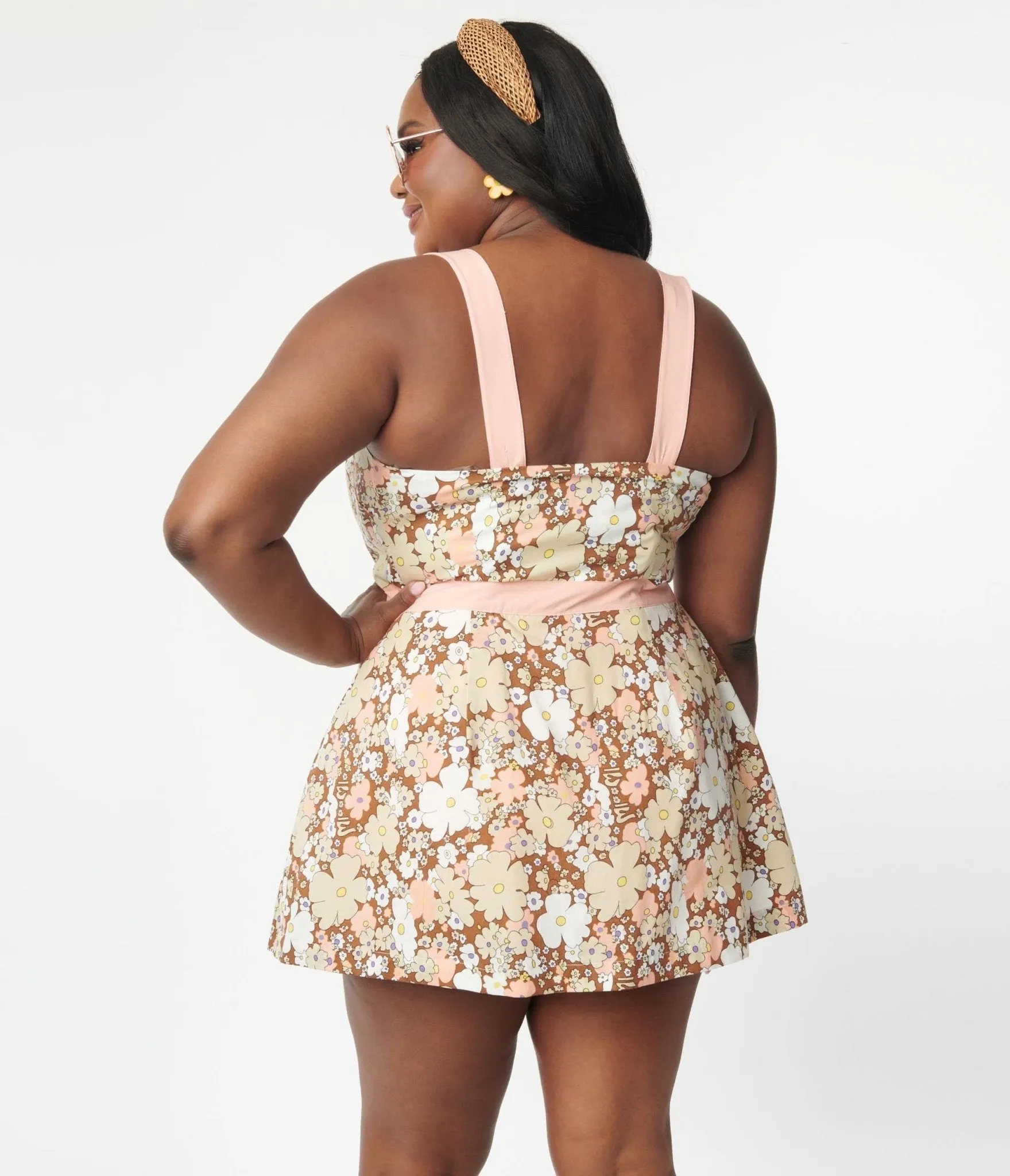 Smak Parlour Plus Size Pink & Brown Floral Sweet & Sassy Skirted Romper sold by Unique Vintage product image thumbnail 3