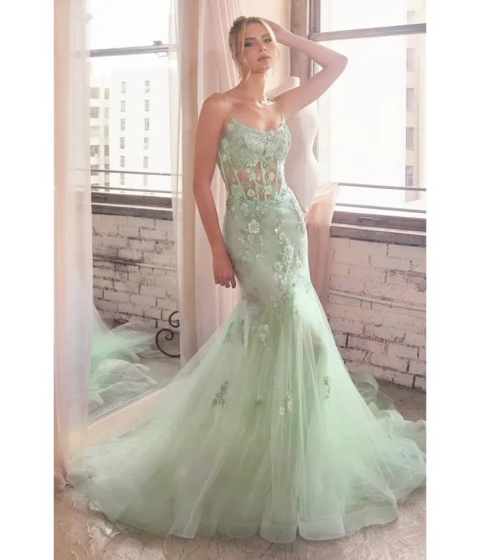Cinderella Divine  Sage Floral & Beaded Corset Mermaid Gown sold by Unique Vintage