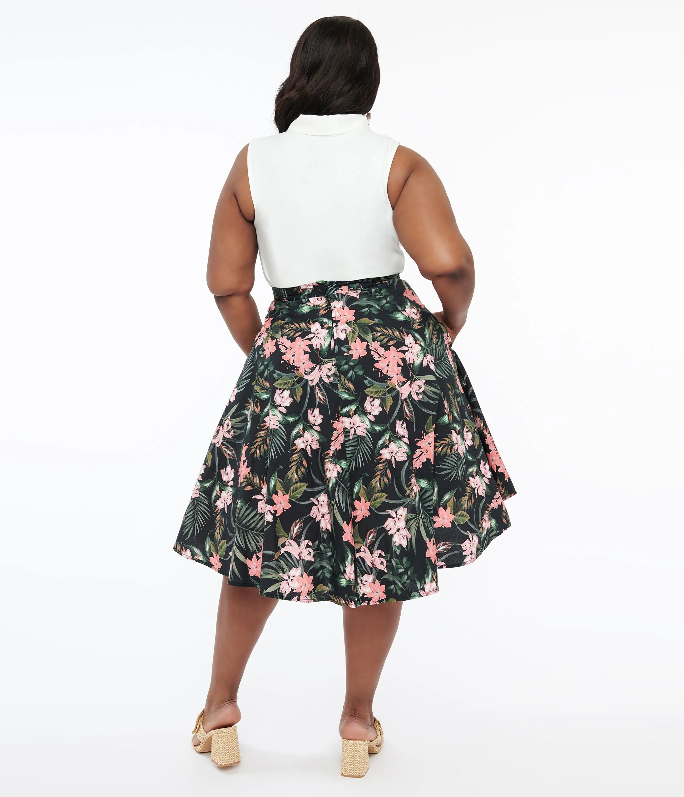 Hell Bunny Plus Size 1950s Black & Pink Tropical Floral Print Cotton Calypso Swing Skirt sold by Unique Vintage product image thumbnail 3