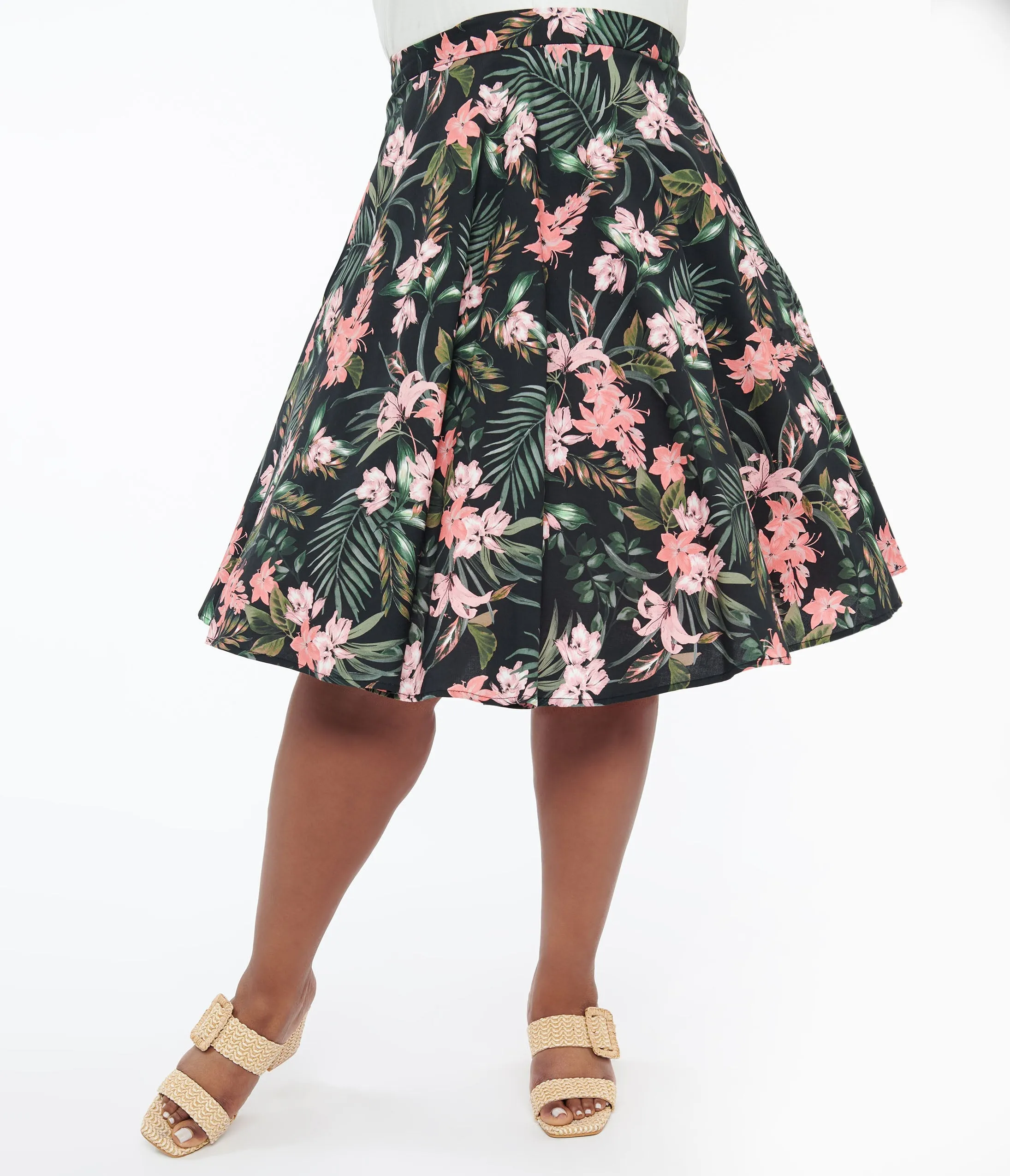 Hell Bunny Plus Size 1950s Black & Pink Tropical Floral Print Cotton Calypso Swing Skirt sold by Unique Vintage product image thumbnail 2
