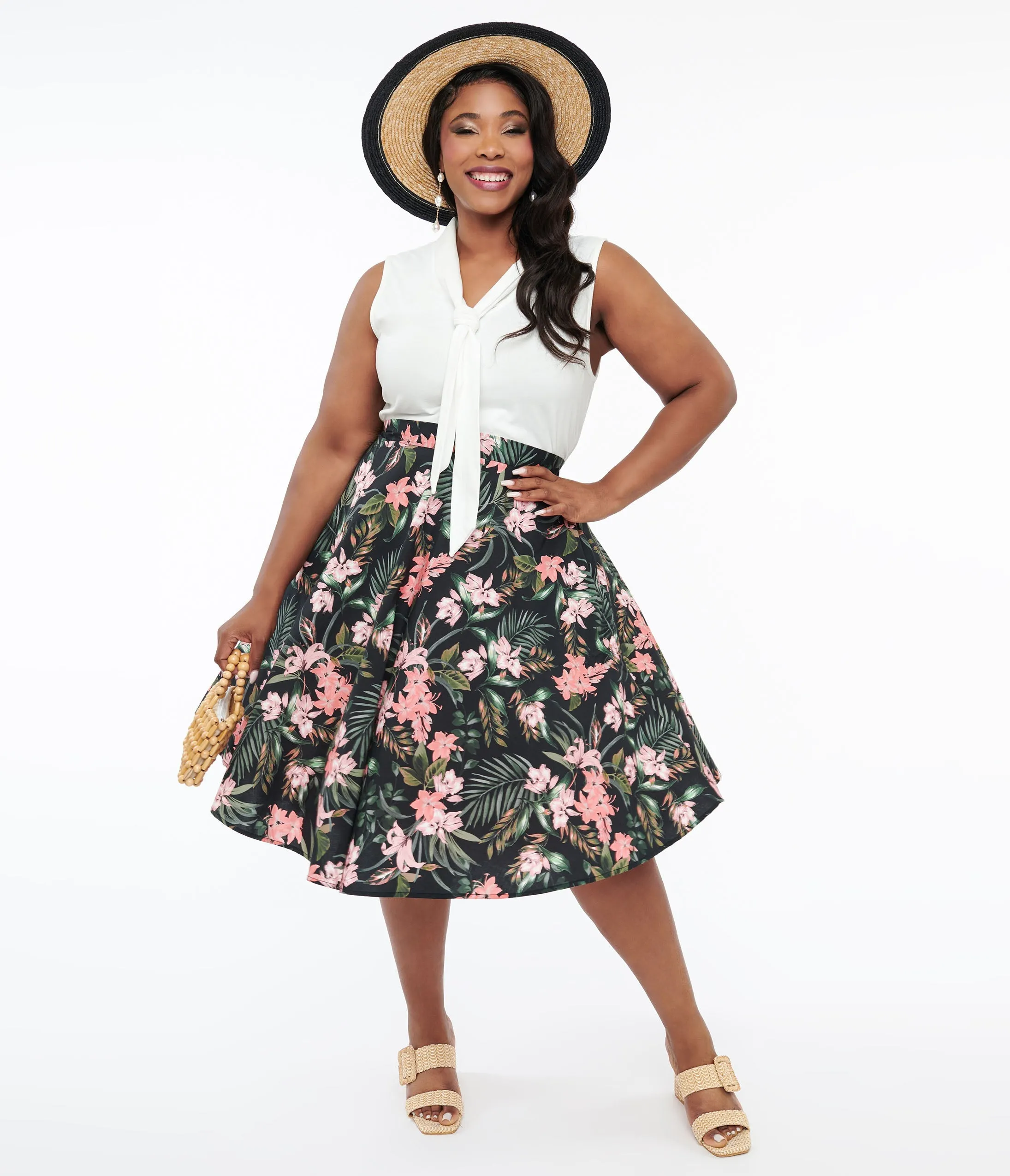 Hell Bunny Plus Size 1950s Black & Pink Tropical Floral Print Cotton Calypso Swing Skirt sold by Unique Vintage