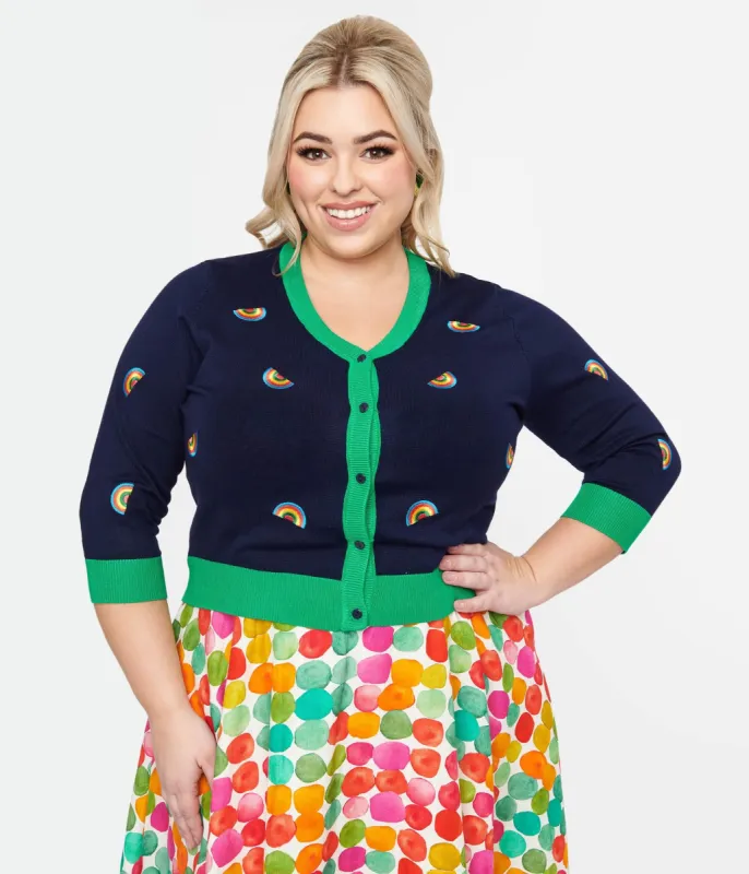 Plus Size 1950s Navy & Green Rainbow Embroidered Skye Cardigan sold by Unique Vintage