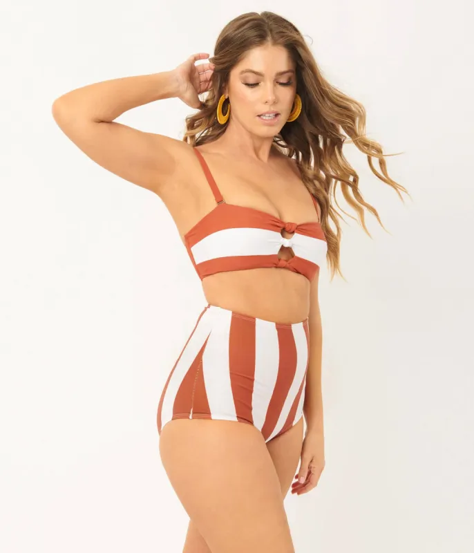 Unique Vintage Rust & White Stripe Knot So Fast Swim Top made by Unique Vintage