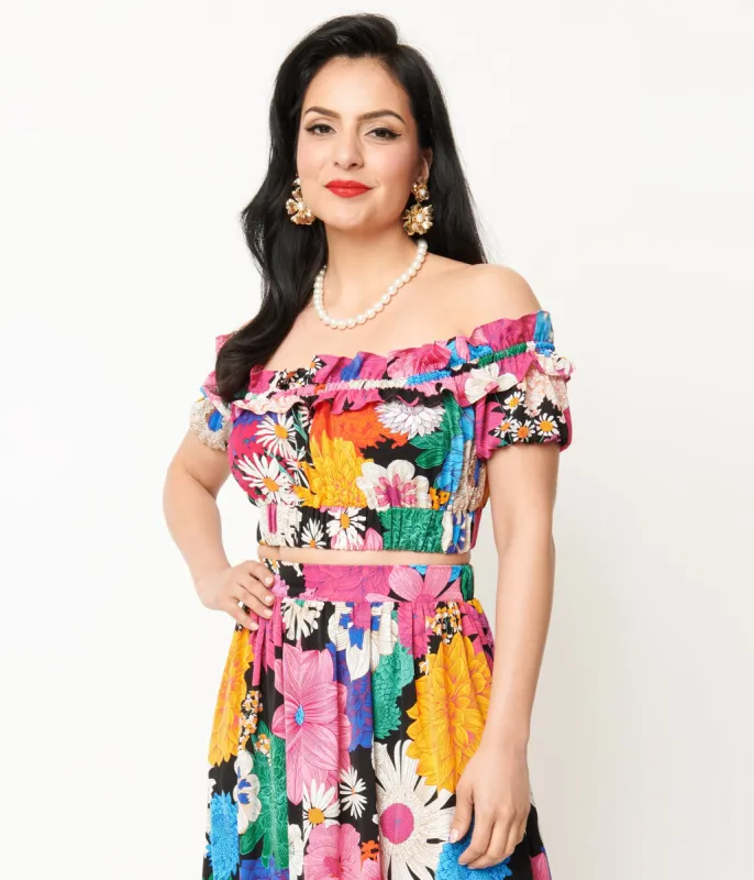 Unique Vintage 1970s Black & Pink Floral Off Ruffle Up Crop Top sold by Unique Vintage