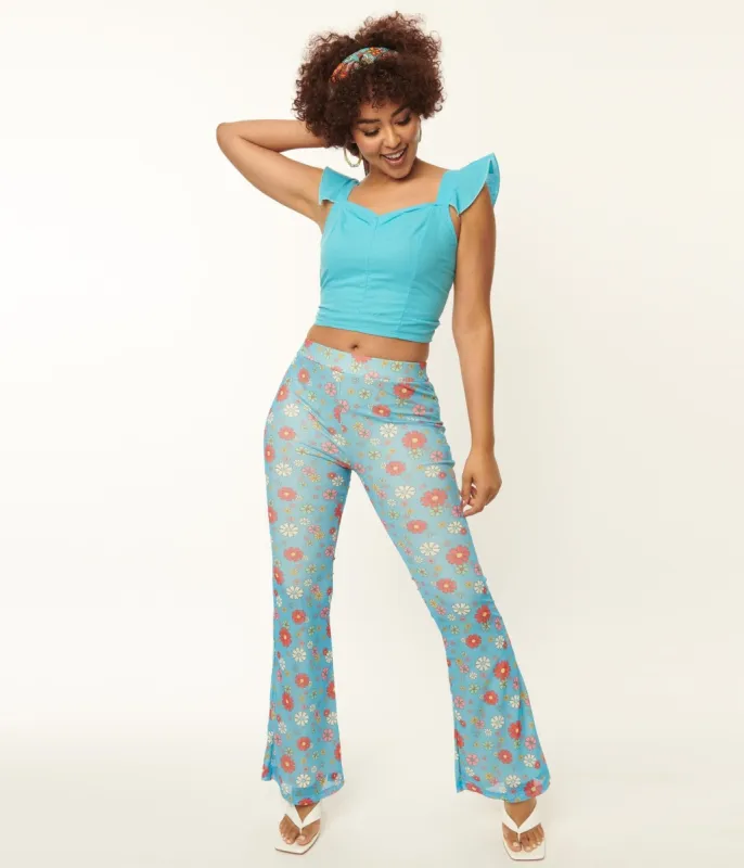 Blue & Multicolor Floral Mesh Flare Pants sold by Unique Vintage