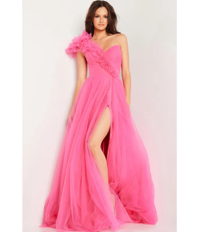 Jovani Hot Pink Tulle One Shoulder Slit Ballgown sold by Unique Vintage