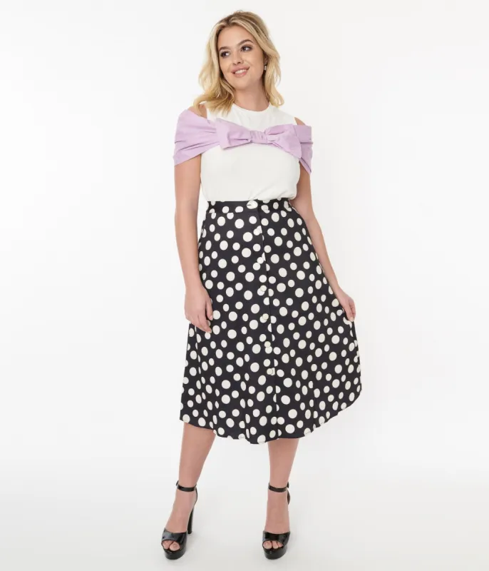 Voodoo Vixen Black & White Polka Dot Midi Skirt sold by Unique Vintage