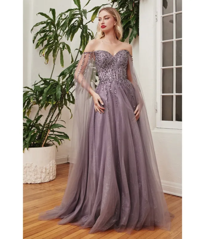 Cinderella Divine  English Violet Sequin Embellished Cape Sleeve Prom Dress sold by Unique Vintage