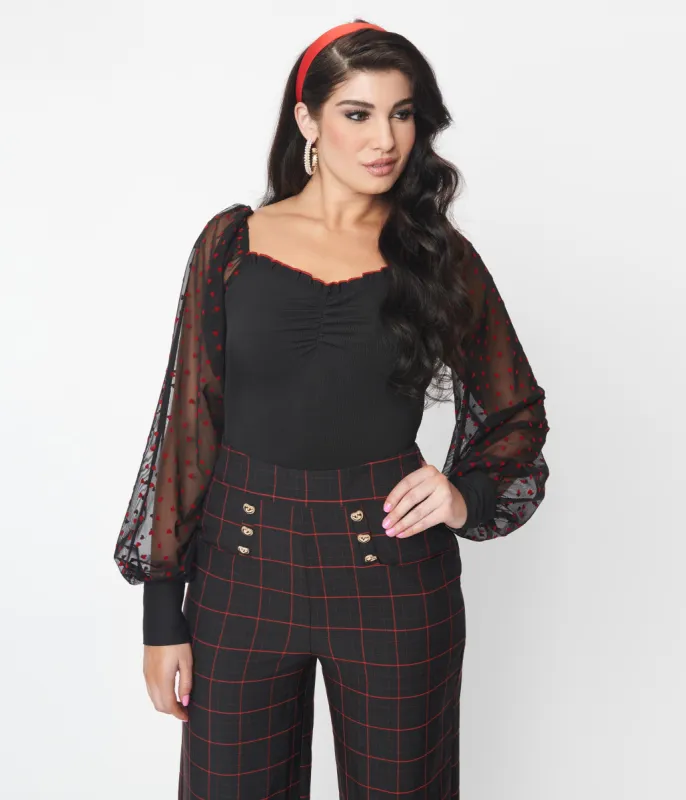 Unique Vintage Black & Red Flocked Hearts Sleeve Bodysuit sold by Unique Vintage