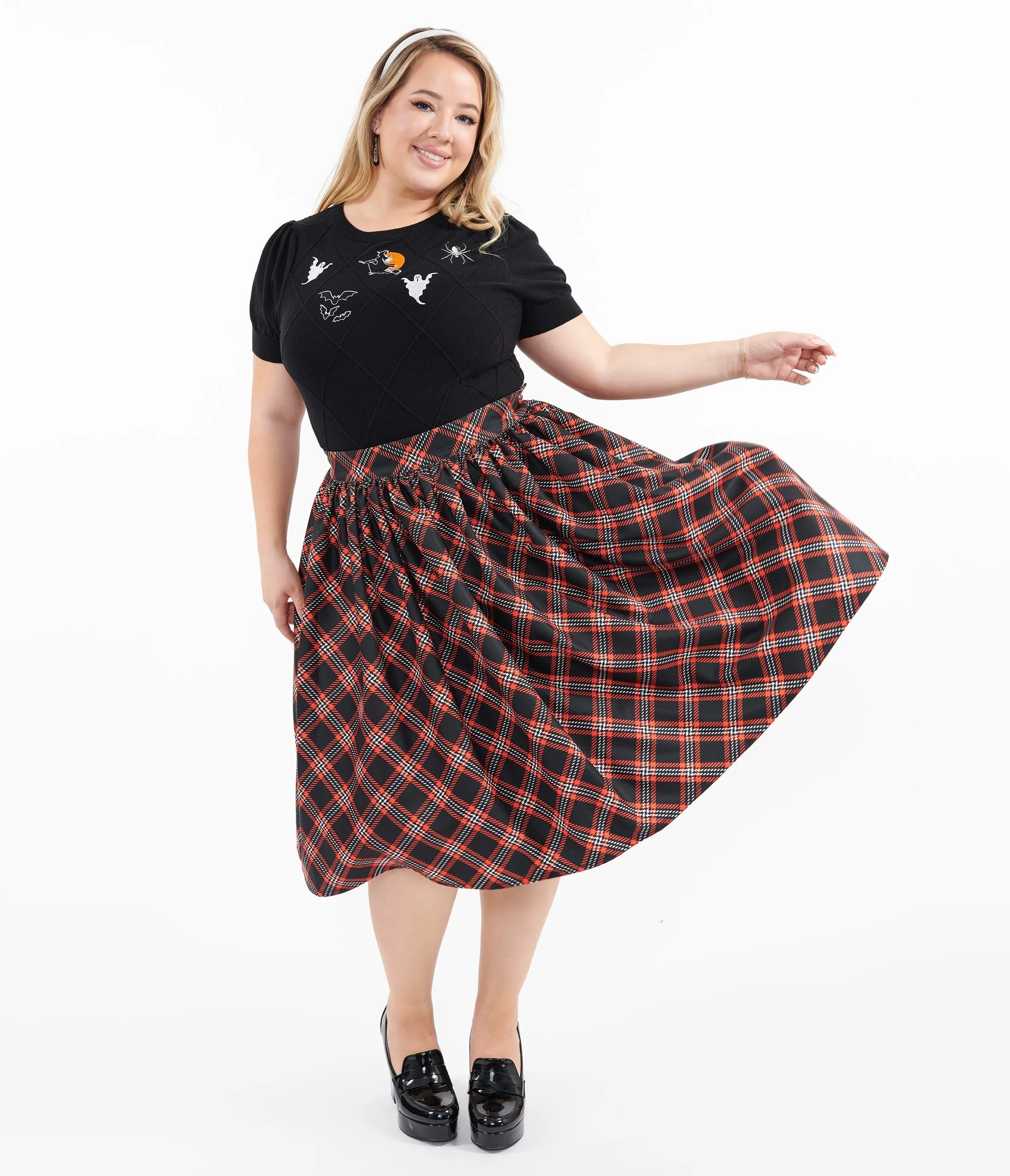 Unique Vintage Plus Size 1950s Black & Orange Plaid Gellar Swing Skirt sold by Unique Vintage