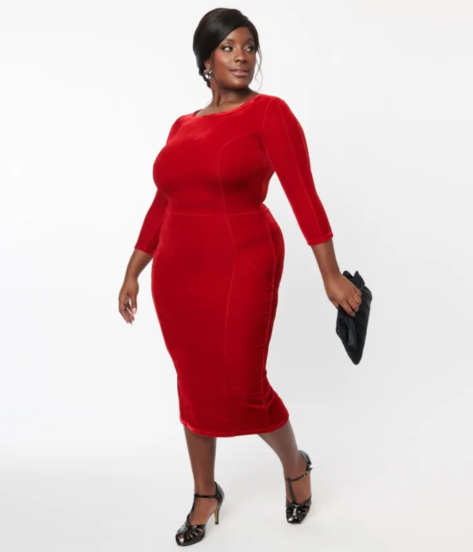 Unique Vintage Plus Size Red Velvet Sleeved Mod Wiggle Dress sold by Unique Vintage