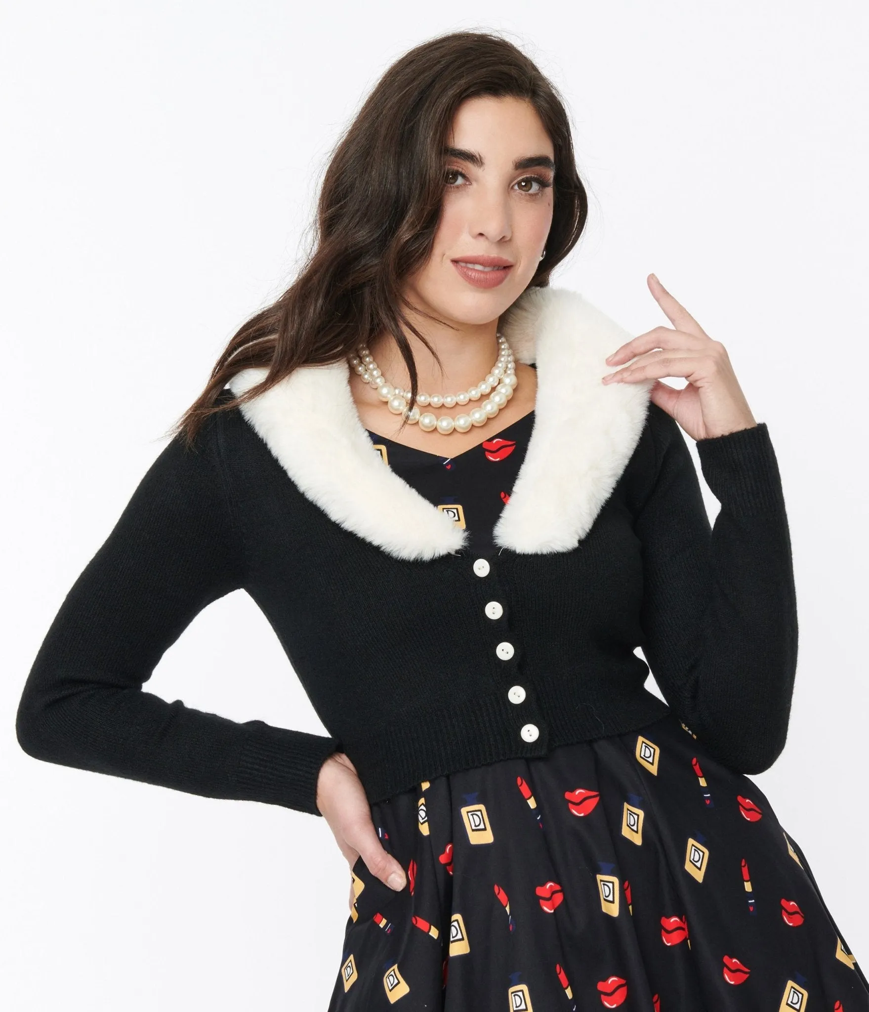Voodoo Vixen Black Faux Fur Collar Cropped Cardigan sold by Unique Vintage