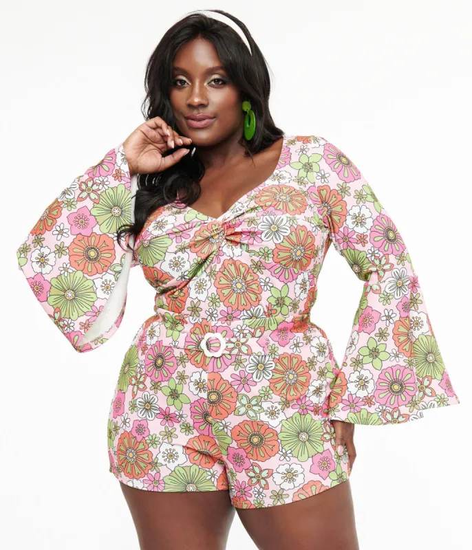 Smak Parlour Plus Size 1960s Pink Retro Bloom Trumpet Sleeve Top sold by Unique Vintage
