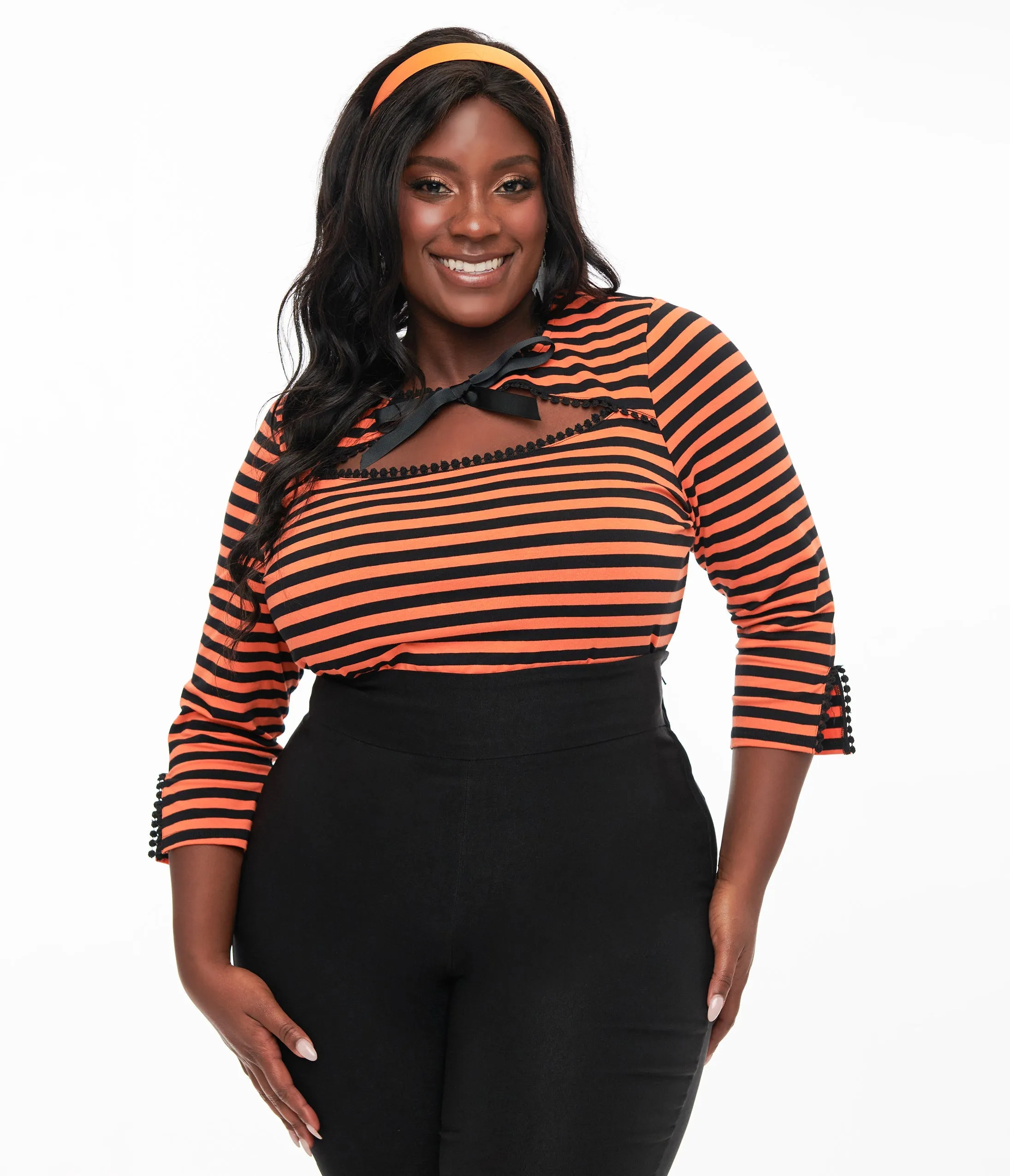 Unique Vintage Plus Size 1950s Orange & Black Stripe Cutout Neck Tie Top sold by Unique Vintage