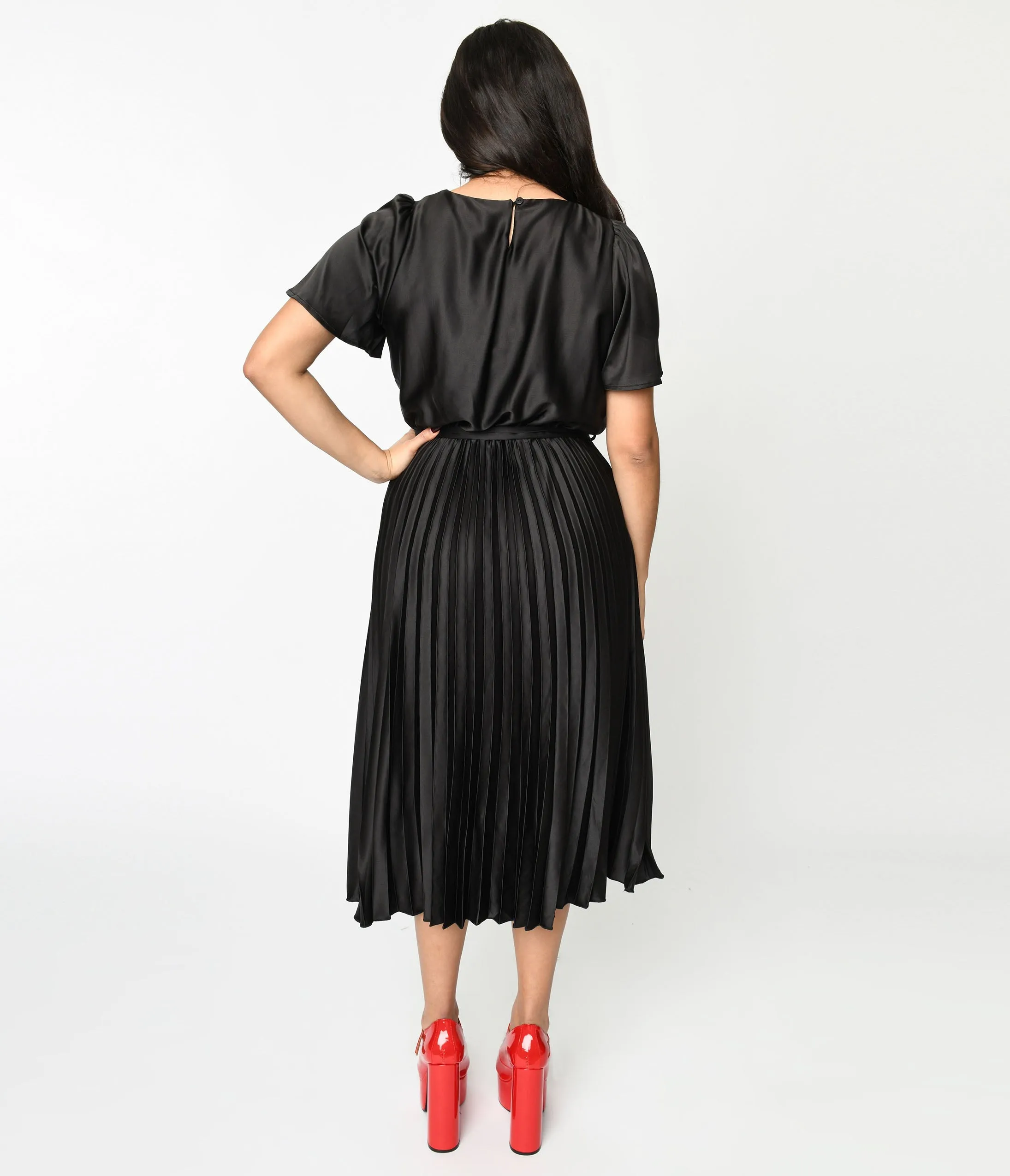 Black Satin Pleated Midi Dress sold by Unique Vintage product image thumbnail 3