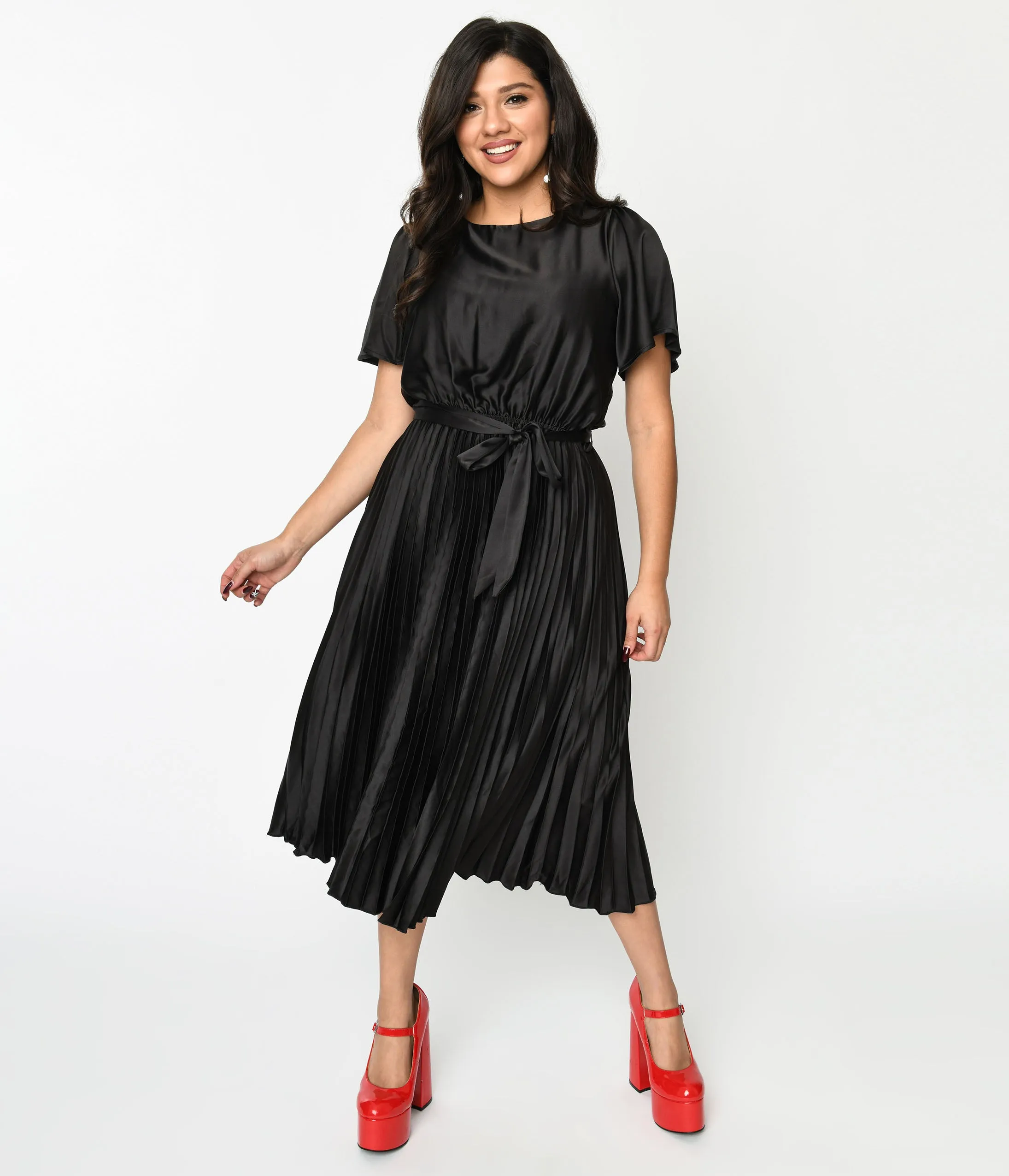 Black Satin Pleated Midi Dress sold by Unique Vintage product image thumbnail 2
