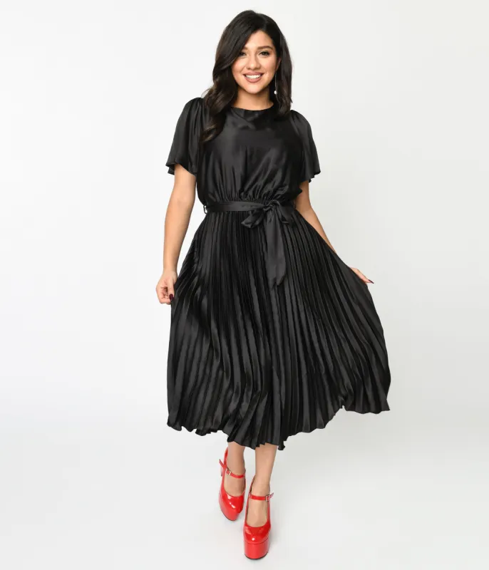Black Satin Pleated Midi Dress sold by Unique Vintage
