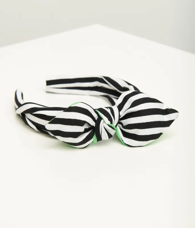 Beetlejuice Black & White Stripe Bella Bow Headband sold by Unique Vintage