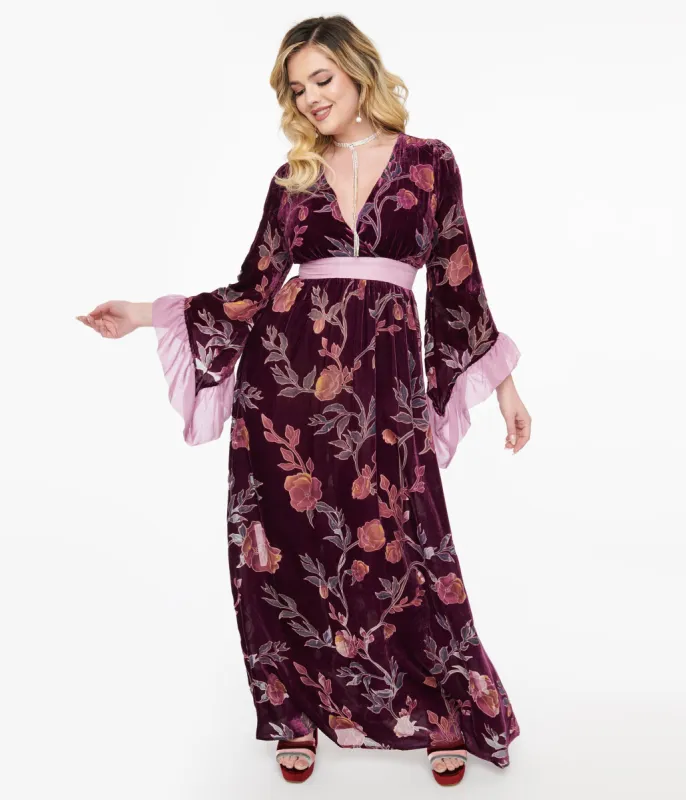 Unique Vintage 1970s Purple Floral Burnout Velvet Maxi Dress sold by Unique Vintage