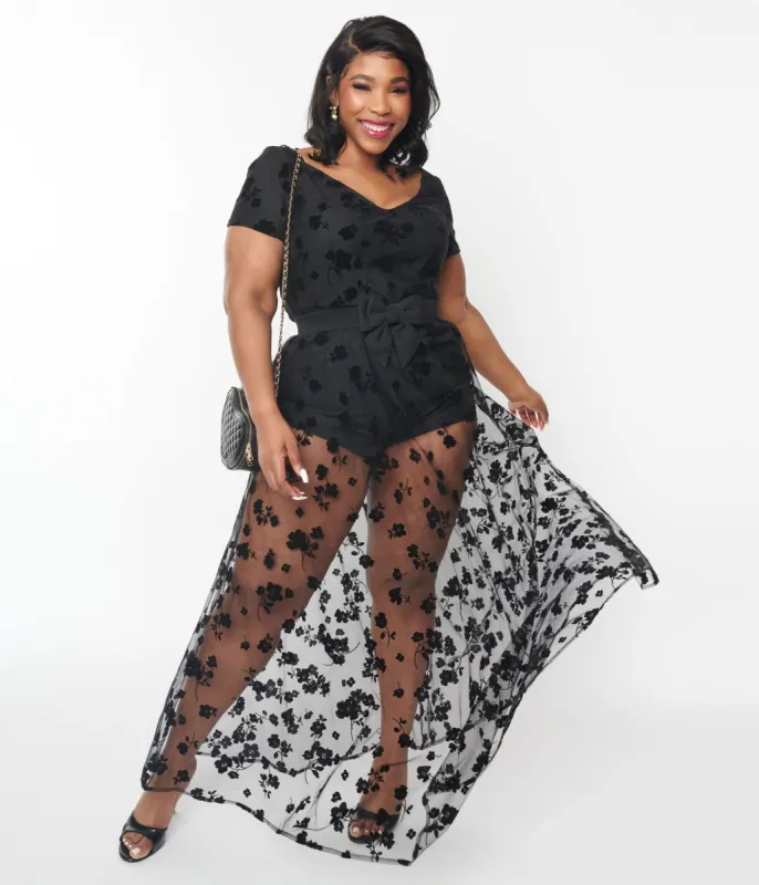 1970s Black Floral Mesh Overlay Maxi Dress sold by Unique Vintage