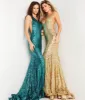 Jovani Turquoise Sequin Plunging Fitted Evening Gown sold by Unique Vintage