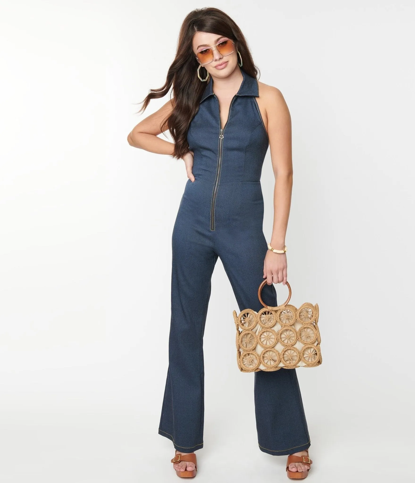 Smak Parlour 1970s Denim Bengaline Front Zipper Halter Jumpsuit sold by Unique Vintage
