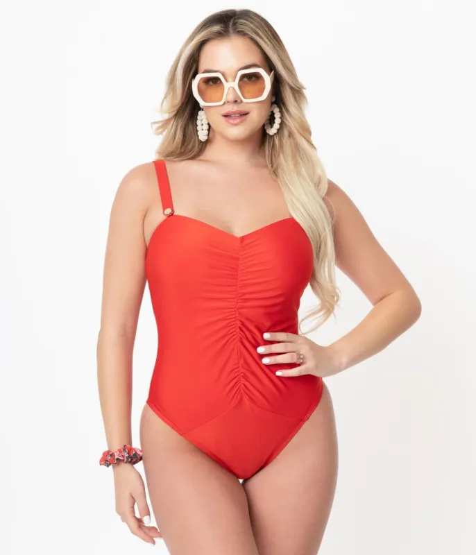 Bettie Page x Playful Promises Honey Red One Piece Swimsuit sold by Unique Vintage