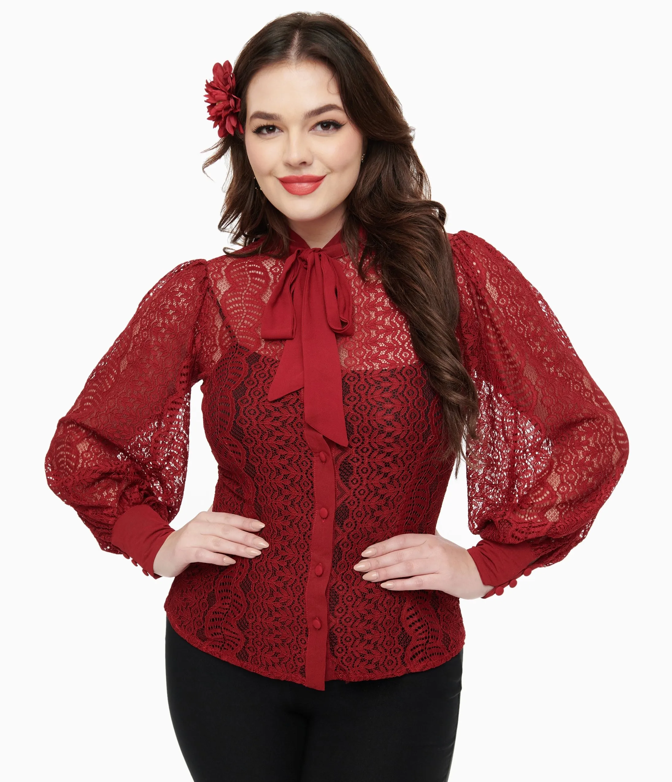 Unique Vintage 1940s Burgundy Lace Gwen Blouse sold by Unique Vintage product image thumbnail 3