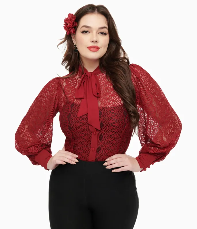 Unique Vintage 1940s Burgundy Lace Gwen Blouse sold by Unique Vintage