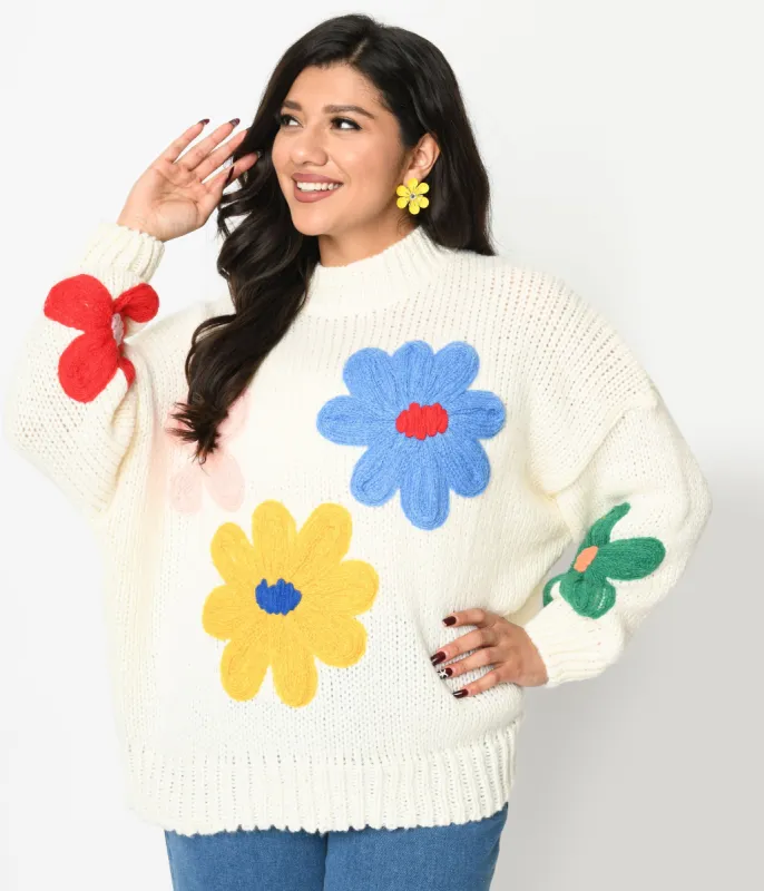 Cream & 3D Multicolor Floral Knit Pullover sold by Unique Vintage