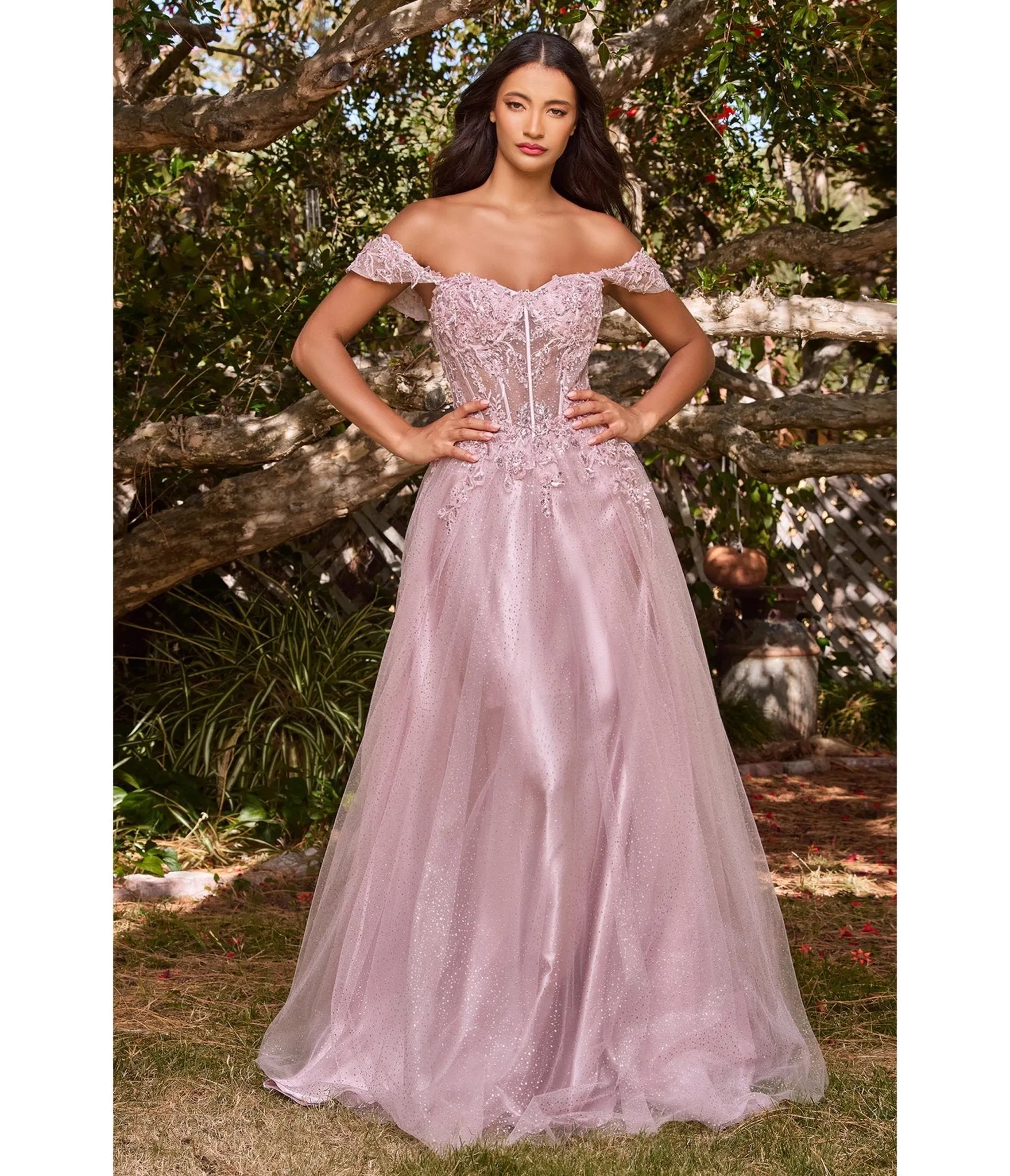 Cinderella Divine Mauve Glitter Lace & Tulle Embellished Off The Shoulder Prom Gown sold by Unique Vintage