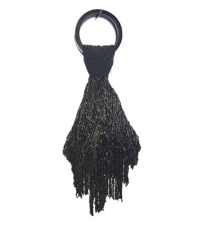 1920s Black Beaded Fringe Wristlet sold by Unique Vintage