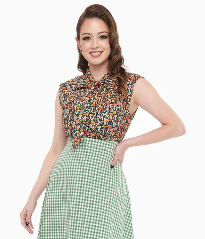 Retrolicious 1950s Forest Green Mushroom Print Cotton Bow Top sold by Unique Vintage