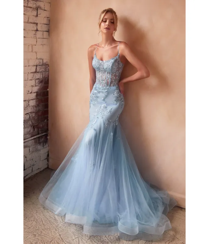Cinderella Divine  Light Blue Floral & Beaded Corset Mermaid Gown sold by Unique Vintage