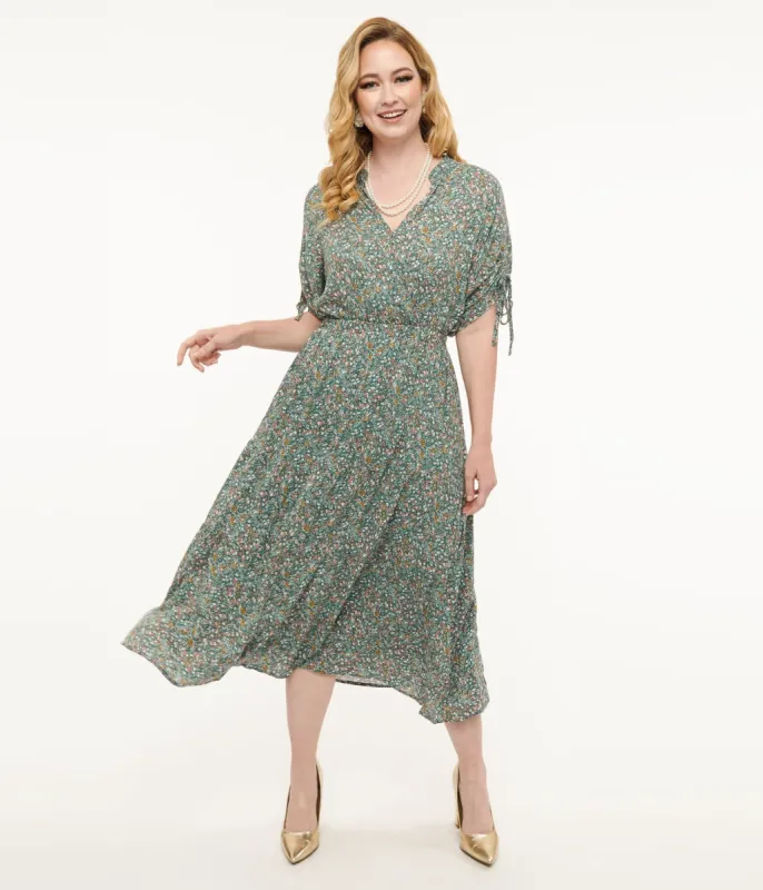 Teal Floral Midi Dress sold by Unique Vintage
