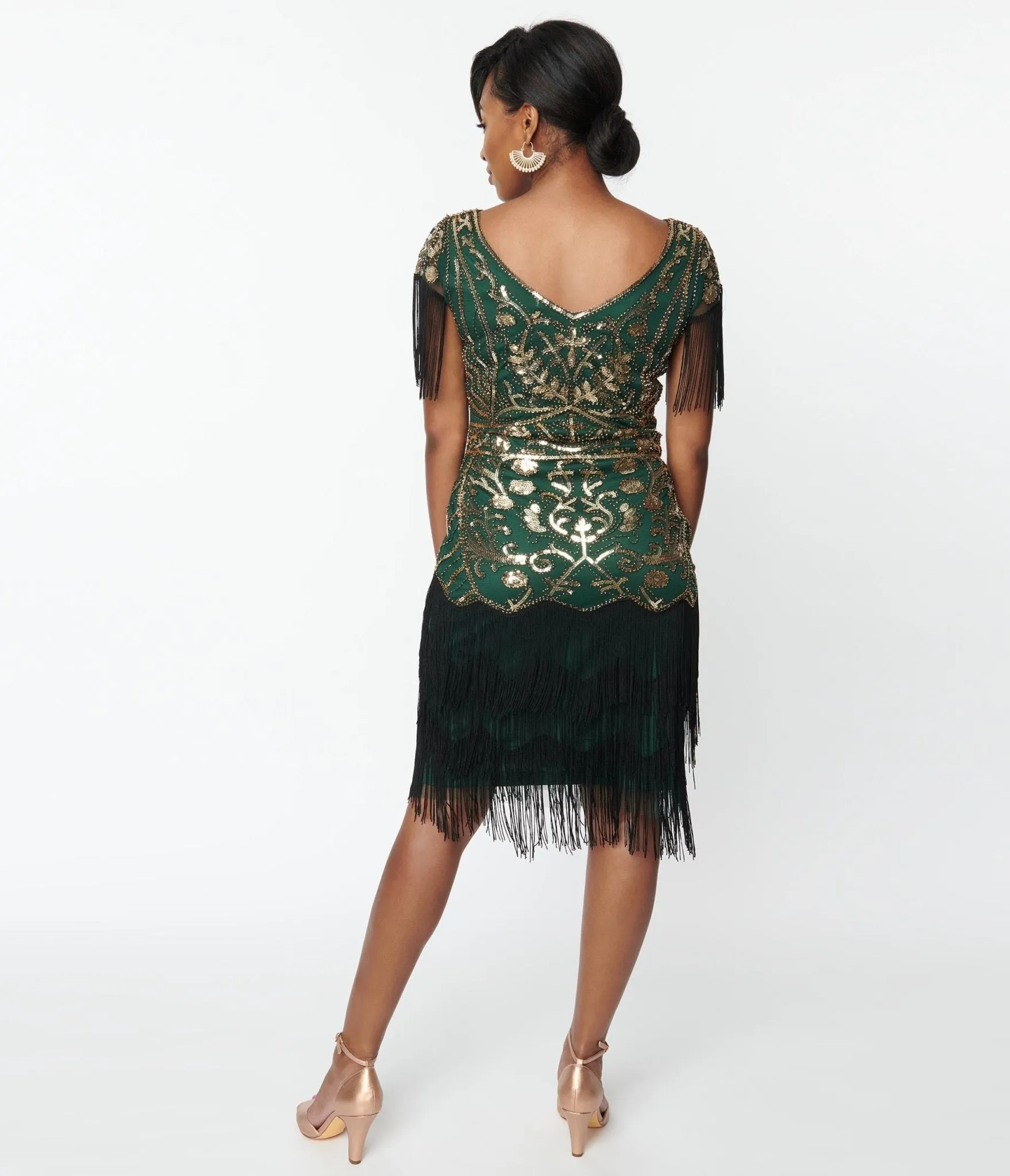 Unique Vintage 1920s Emerald & Gold Sequin Fringe Flapper Dress sold by Unique Vintage product image thumbnail 3
