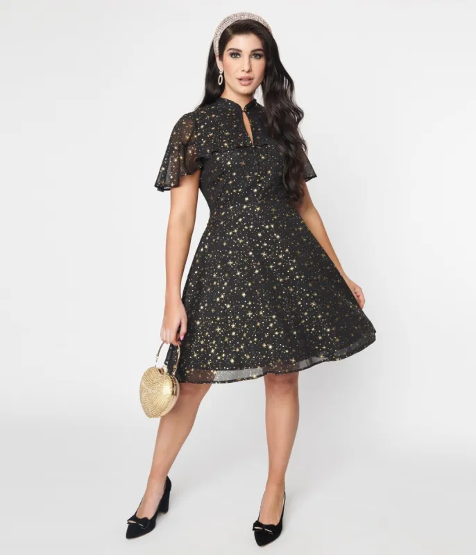 Unique Vintage Black & Gold Star Capulet Fit & Flare Dress sold by Unique Vintage