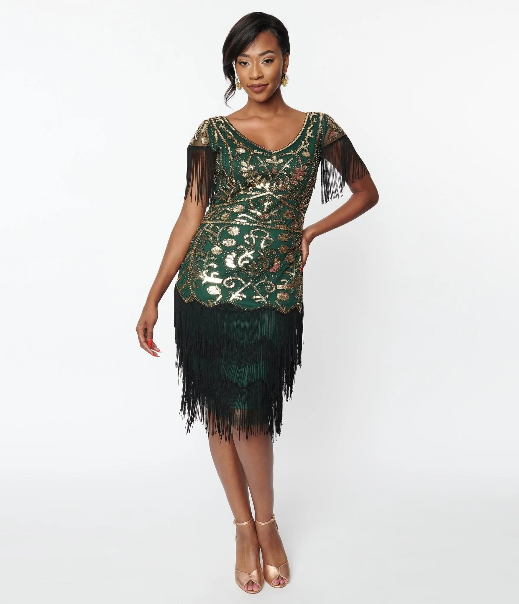 Unique Vintage 1920s Emerald & Gold Sequin Fringe Flapper Dress sold by Unique Vintage product image thumbnail 5
