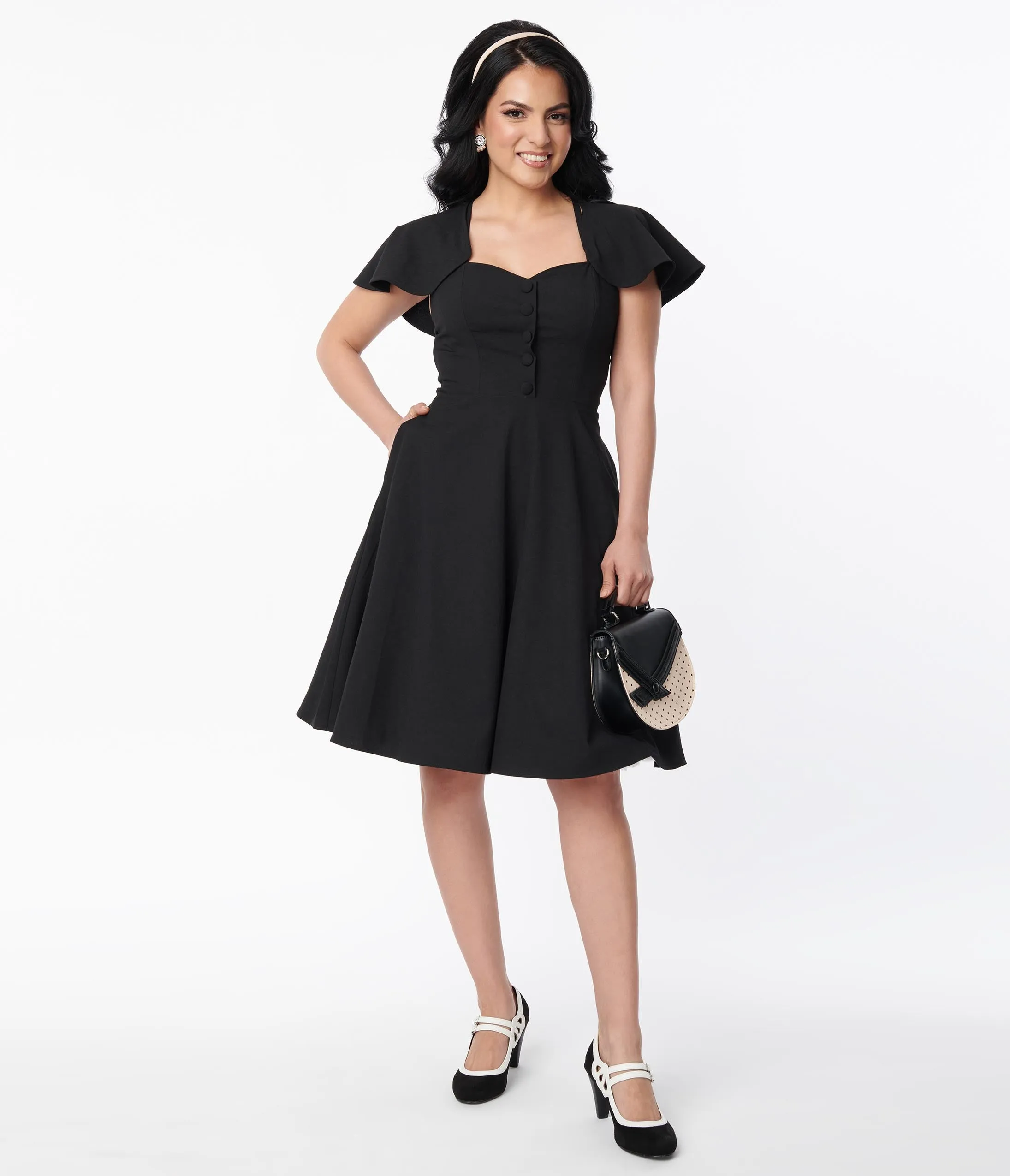 Unique Vintage 1950s Black Capelet Swing Dress sold by Unique Vintage