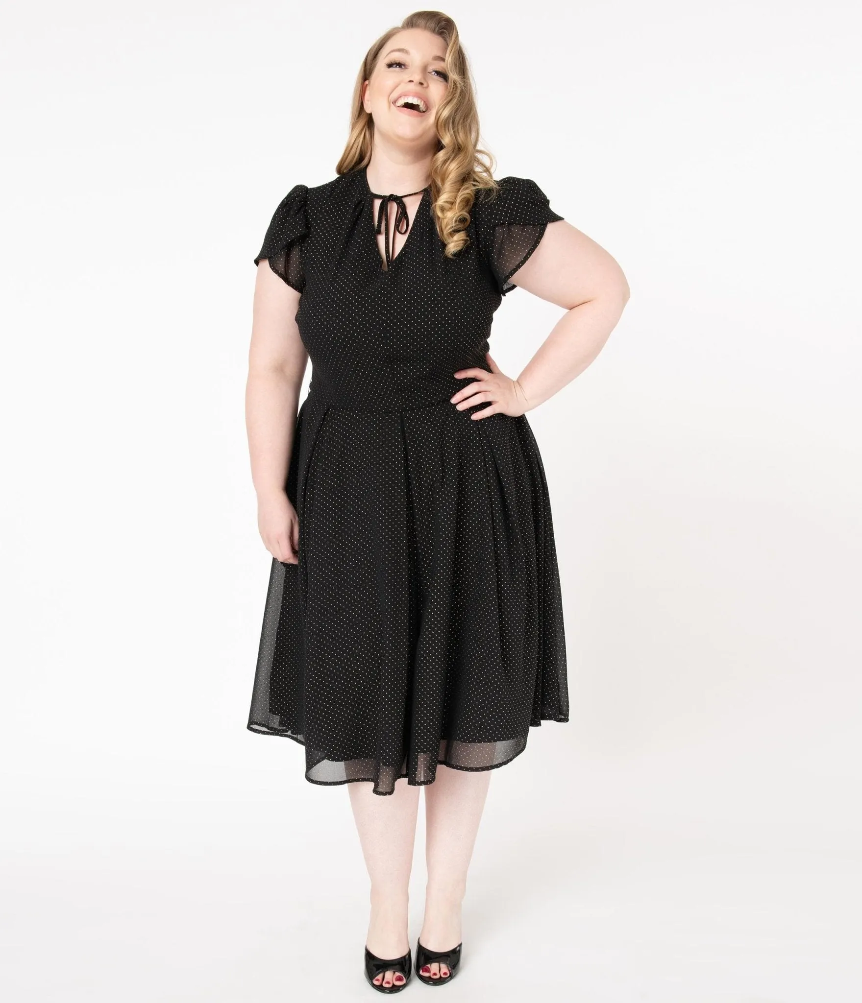 Unique Vintage Plus Size 1950s Black & Gold Pin Dot Dahlia Swing Dress sold by Unique Vintage