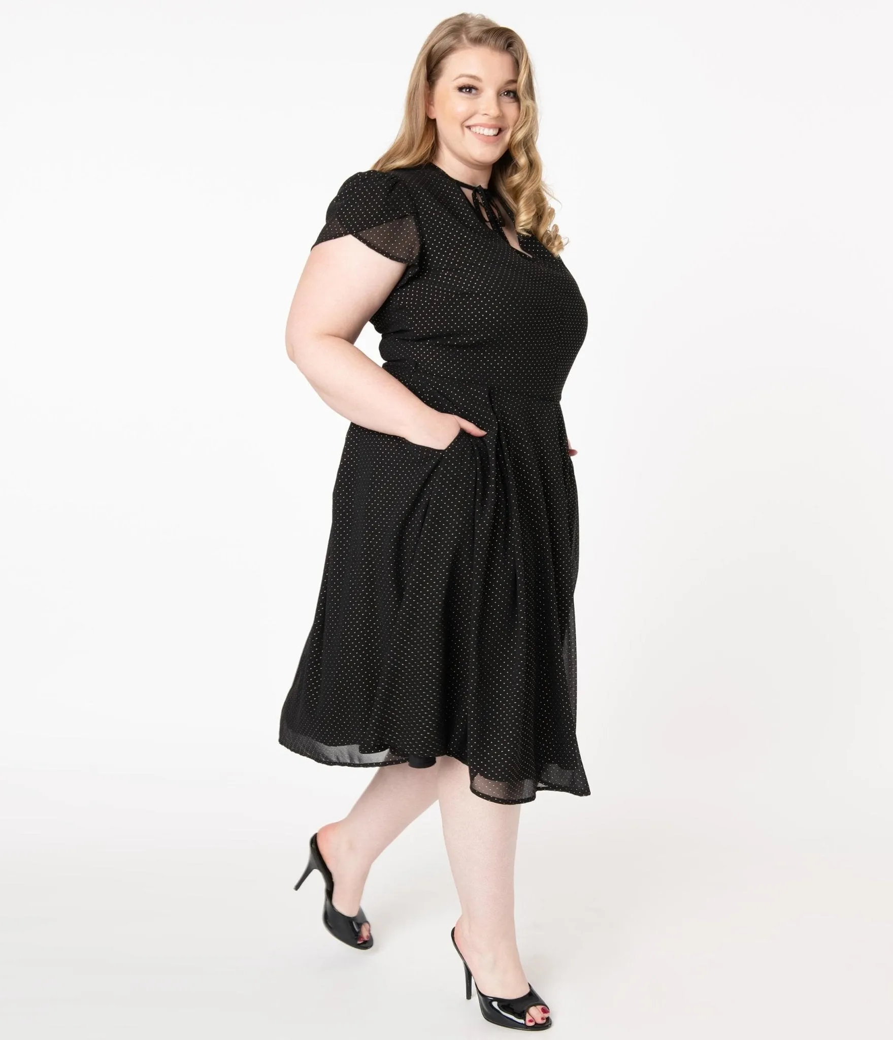 Unique Vintage Plus Size 1950s Black & Gold Pin Dot Dahlia Swing Dress sold by Unique Vintage product image thumbnail 5