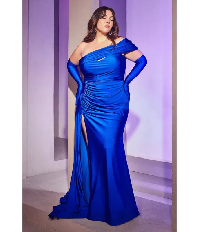 Cinderella Divine  Plus Size Royal Blue One Shoulder Bridesmaid Trumpet Gown with Gloves sold by Unique Vintage