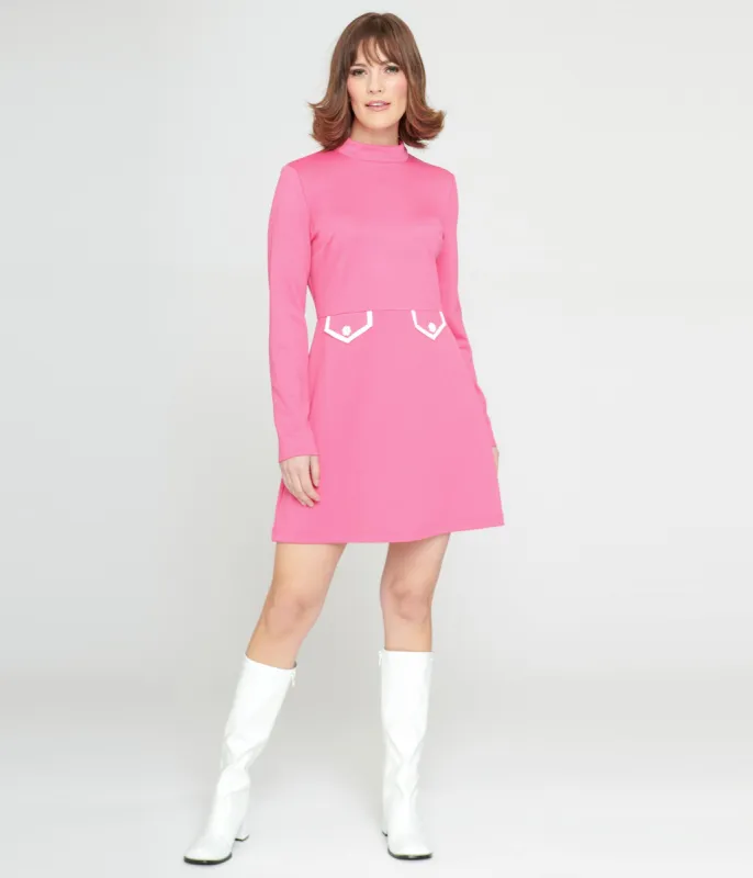 Smak Parlour 1960s Hot Pink Mock Turtleneck Fit & Flare Dress sold by Unique Vintage