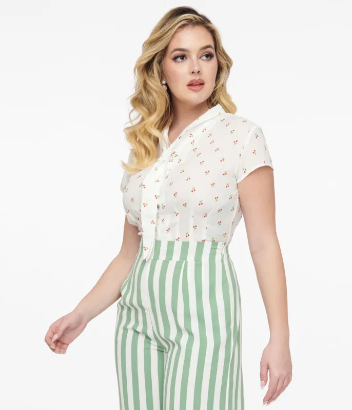 1950s White Cherry Print Blouse sold by Unique Vintage