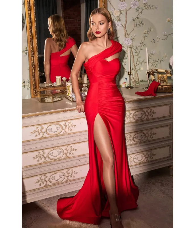 Cinderella Divine Red One Shoulder Bridesmaid Trumpet Gown with Gloves sold by Unique Vintage